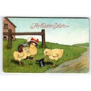 Easter Postcard 1900's Dressed Baby Chicks Top Hat Salute Vintage 1909 Embossed